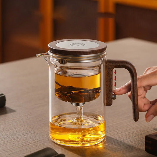 Magnetic Switch Glass Teapot with Tea Separator & Wood Handle