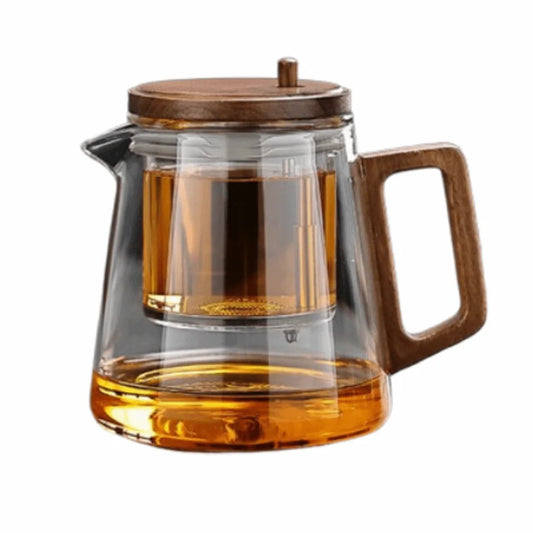 Glass Teapot with Wooden Handle & Built-In Infuser | One-Button Tea Separation