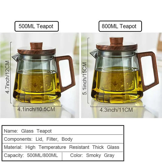 Heat-Resistant Glass Teapot with Wooden Handle
