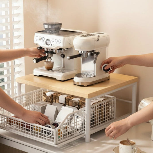 Hardwood Coffee Station Organiser with Drawer and Wire Basket
