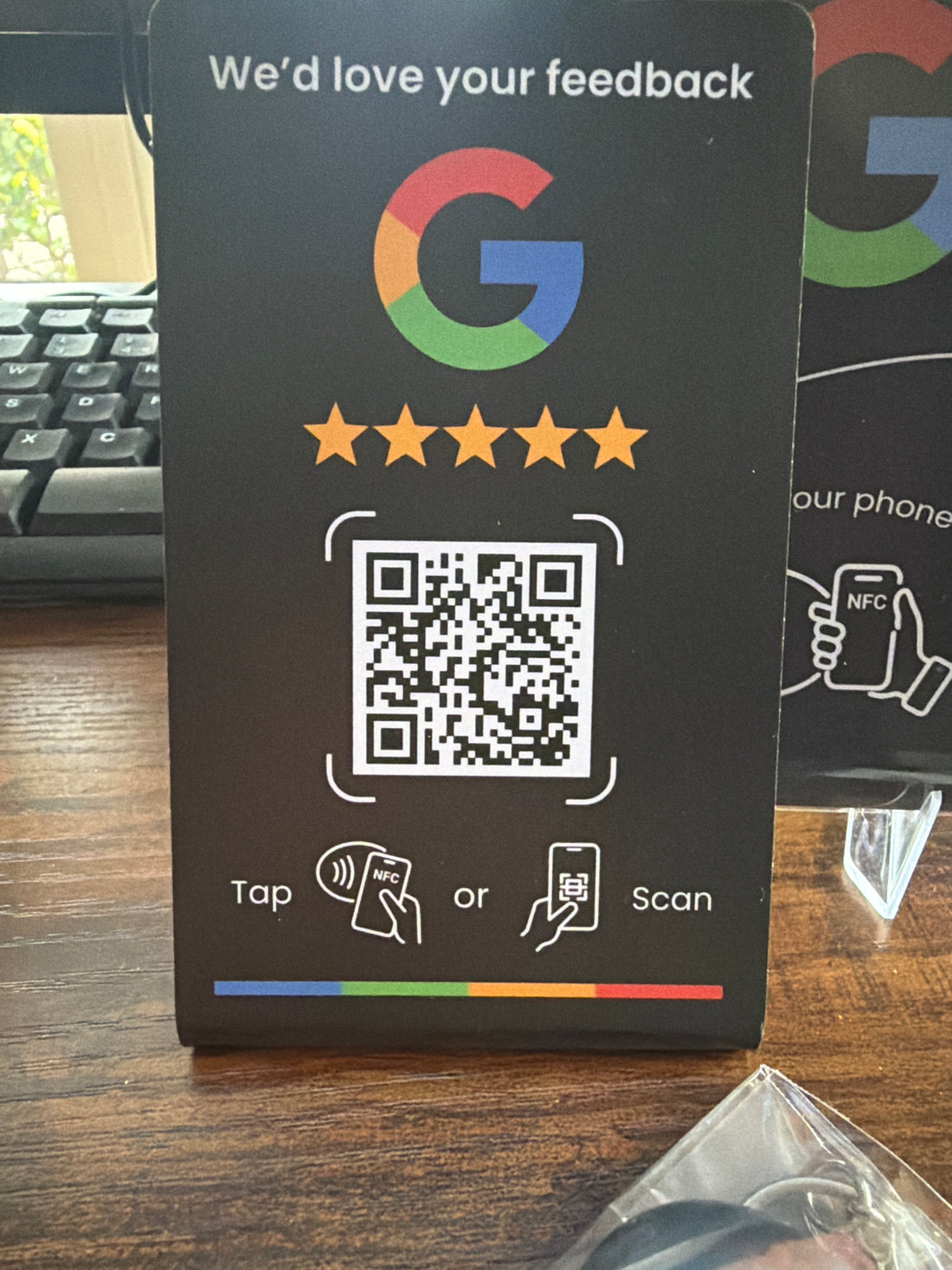 Google Review NFC and QR stand at Craig Boyd Hairdressing for Ember & Olive Coffee Co.