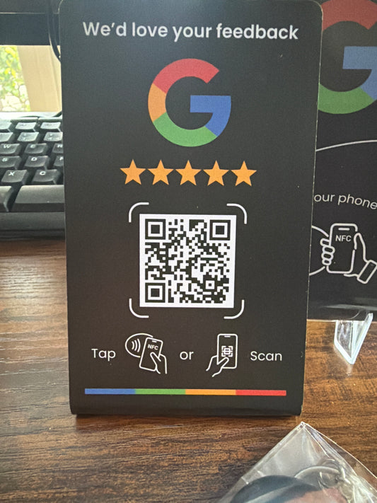 Google Review NFC and QR stand at Craig Boyd Hairdressing for Ember & Olive Coffee Co.