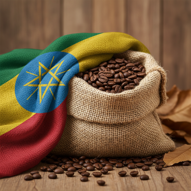 Ethiopia Flag Draped Over Coffee Sack