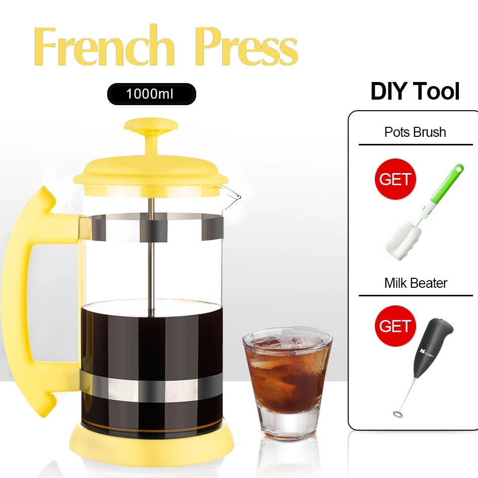 1L Glass French Press | Stainless Steel Filter | 4 Colours