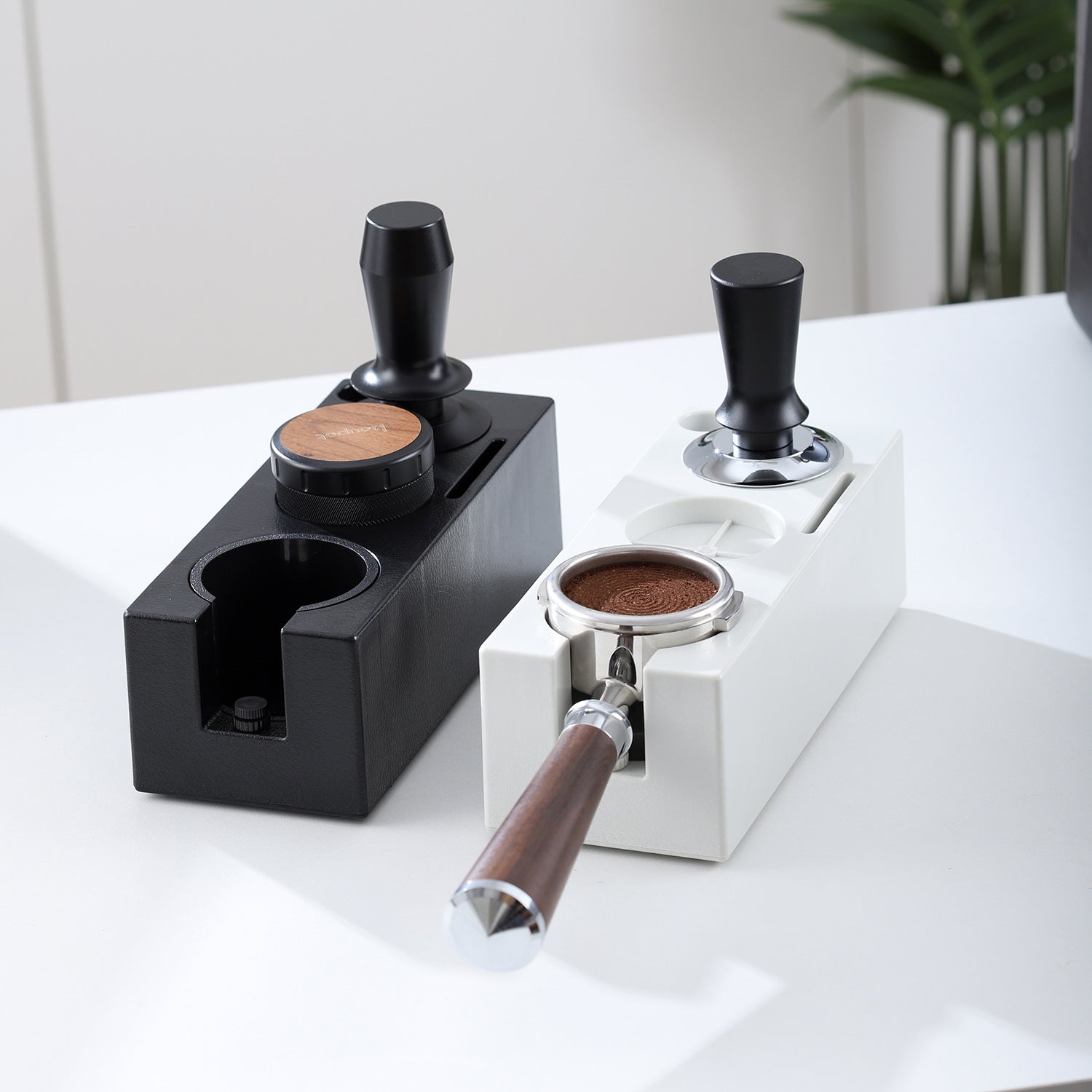 Espresso Tamper Stand & Distributor Base | Portafilter Holder | White & Black