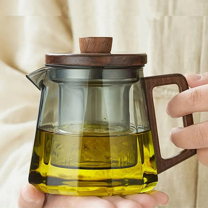 Heat-Resistant Glass Teapot with Wooden Handle