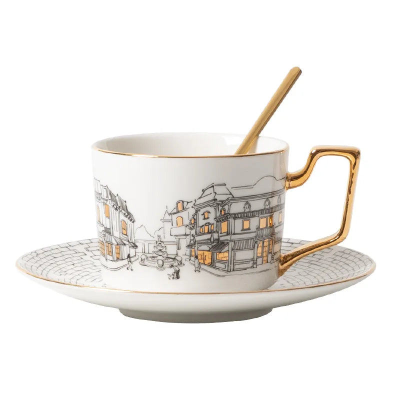 Eurotown Bone Porcelain Coffee Cup & Saucer | 220ml | Gold Handle | Vintage European