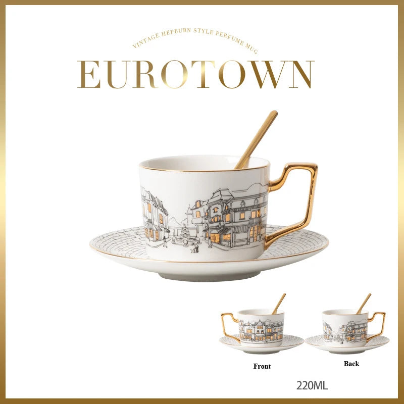 Eurotown Bone Porcelain Coffee Cup & Saucer | 220ml | Gold Handle | Vintage European