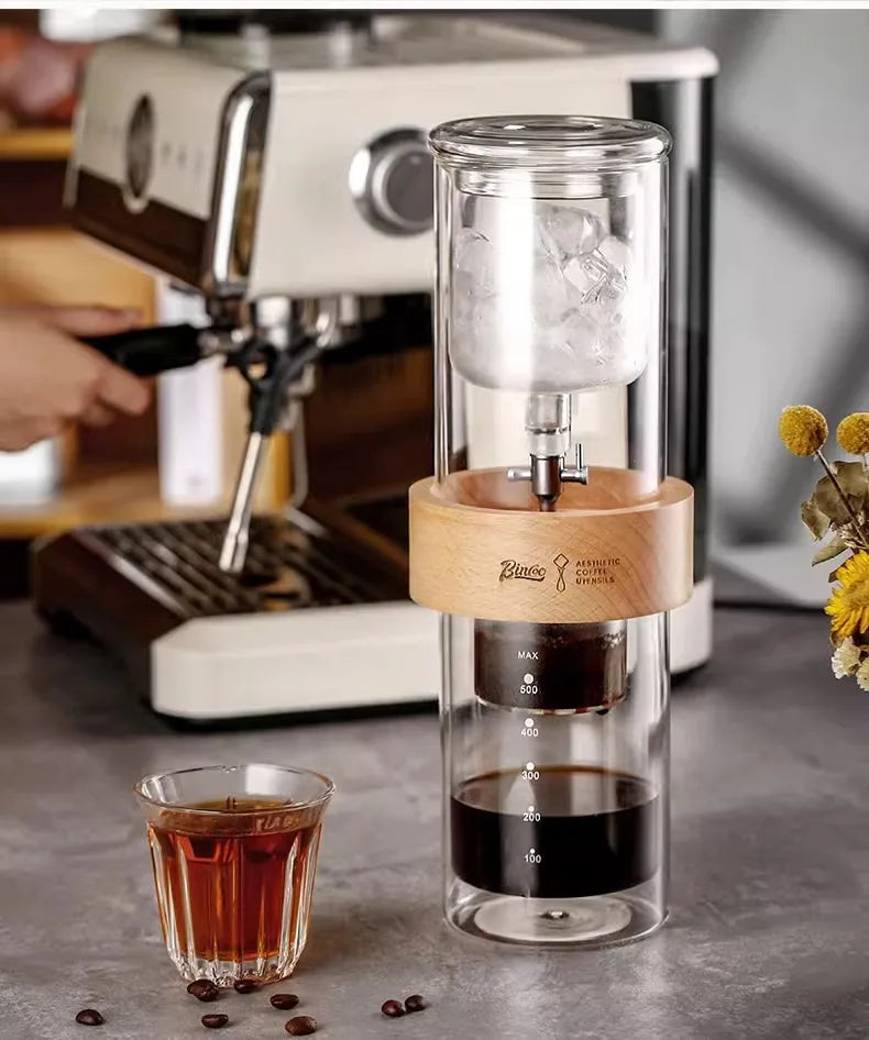 BINCOO 600ml Glass Cold Brew Coffee Maker | Slow Drip Iced Coffee Dripper | Beech & Borosilicate Glass