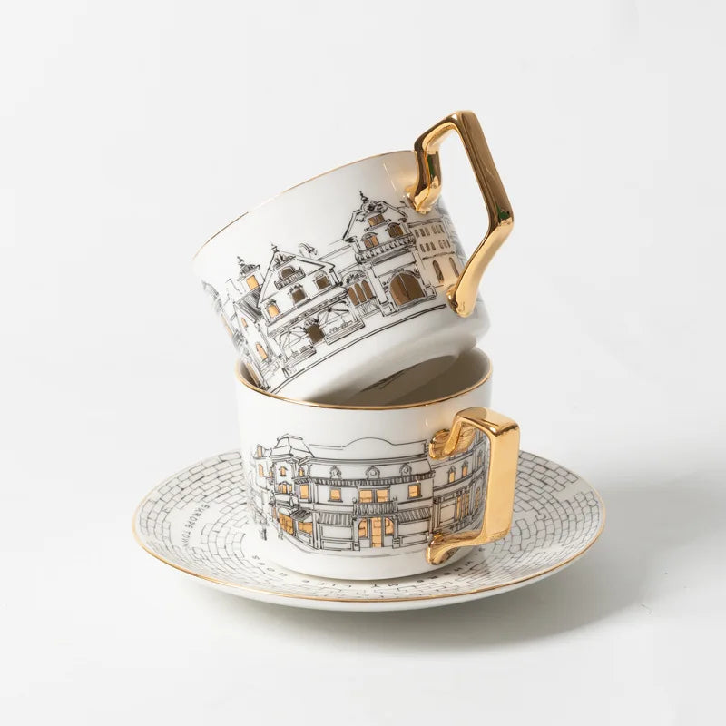 Eurotown Bone Porcelain Coffee Cup & Saucer | 220ml | Gold Handle | Vintage European