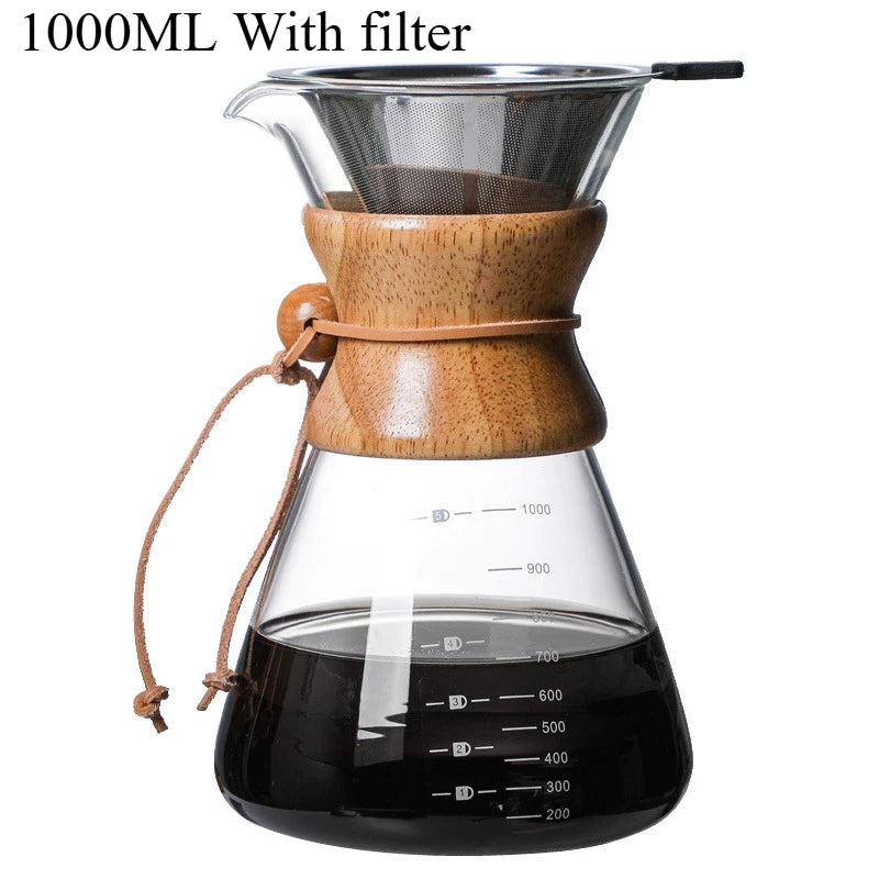 Pour Over Coffee Maker | Borosilicate Glass & Wood Sleeve | 400ml–1000ml