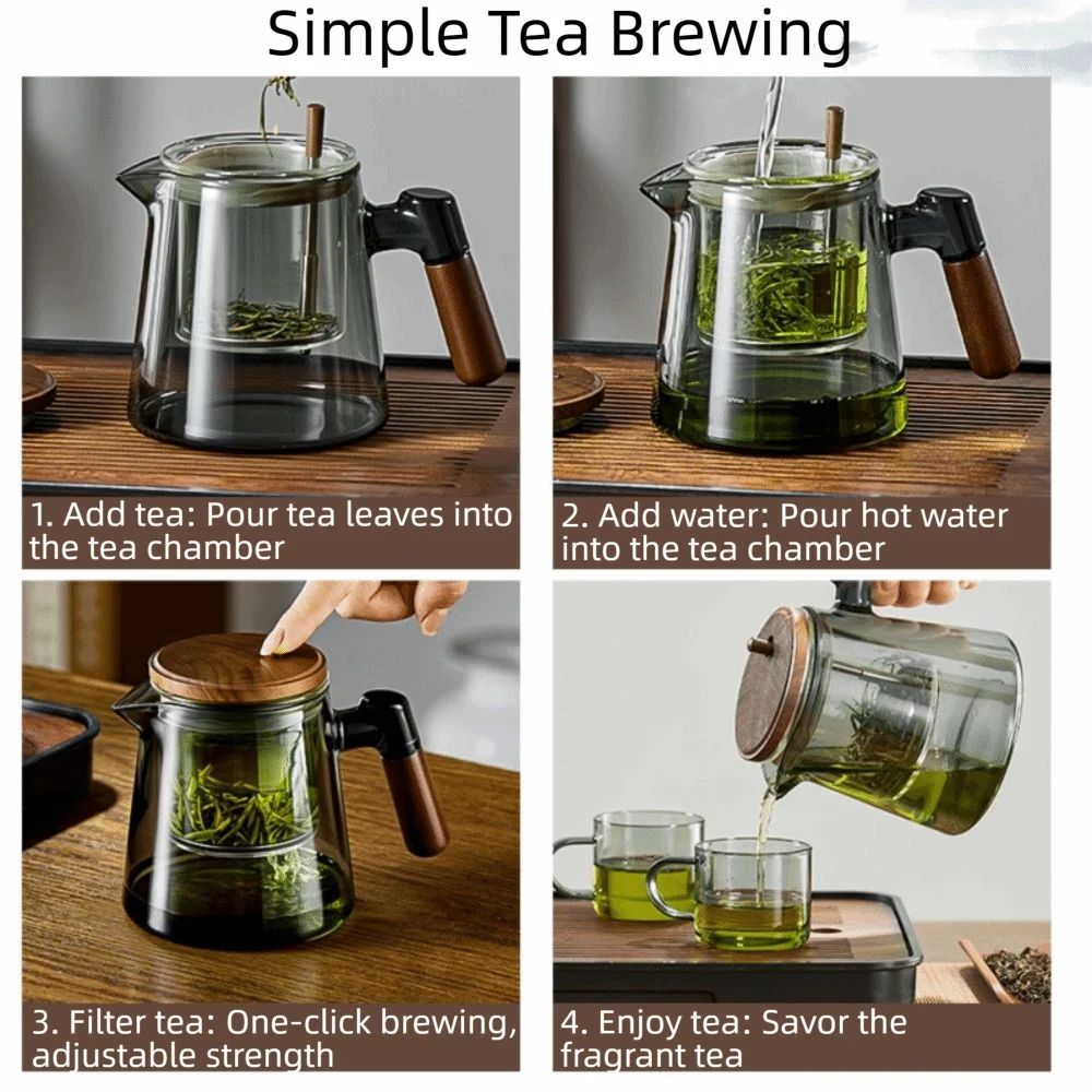Glass Teapot with Wooden Handle & Built-In Infuser | One-Button Tea Separation