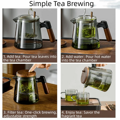 Glass Teapot with Wooden Handle & Built-In Infuser | One-Button Tea Separation