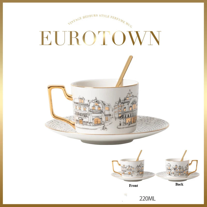 Eurotown Bone Porcelain Coffee Cup & Saucer | 220ml | Gold Handle | Vintage European