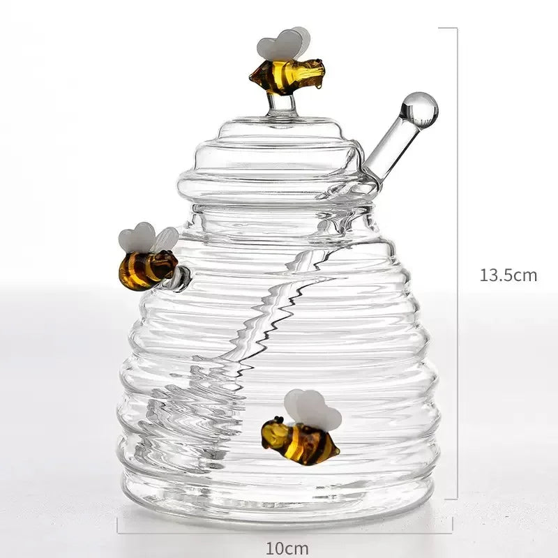Honey-Shaped Glass Honey Jar - Traditional Dipper & Bee Motif Lid