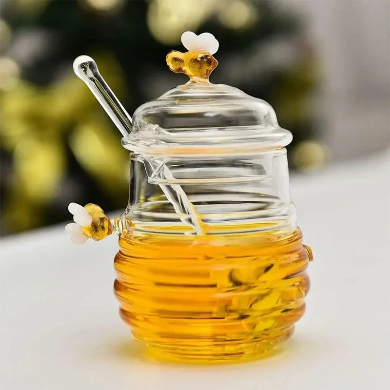 Honey-Shaped Glass Honey Jar - Traditional Dipper & Bee Motif Lid
