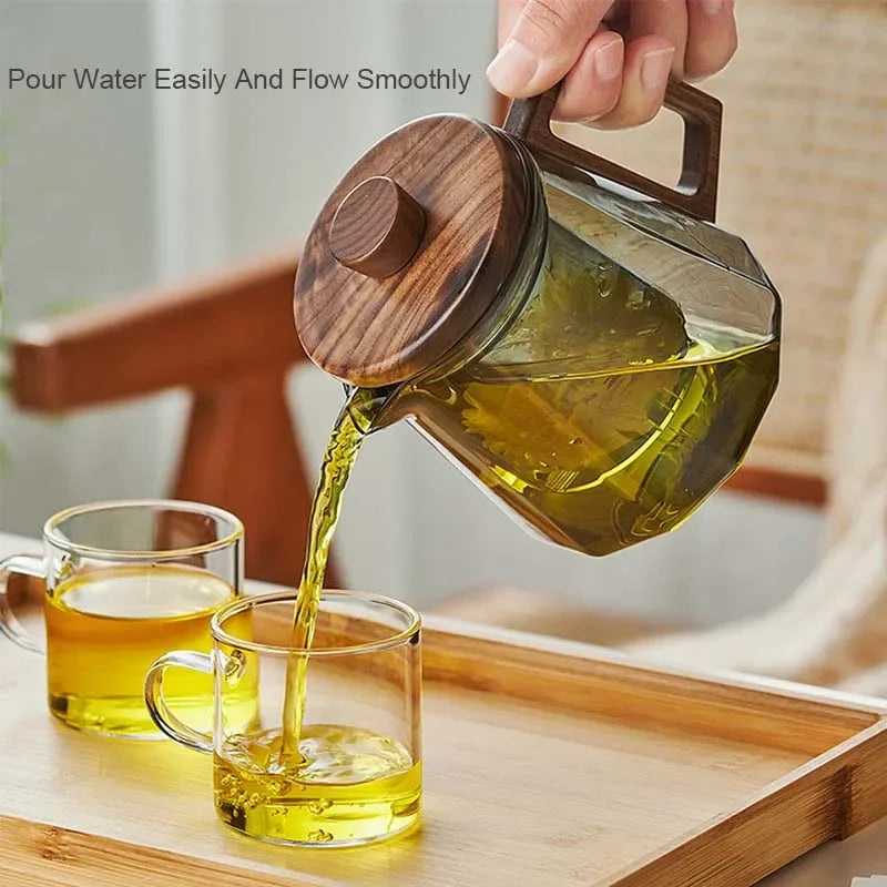 Heat-Resistant Glass Teapot with Wooden Handle