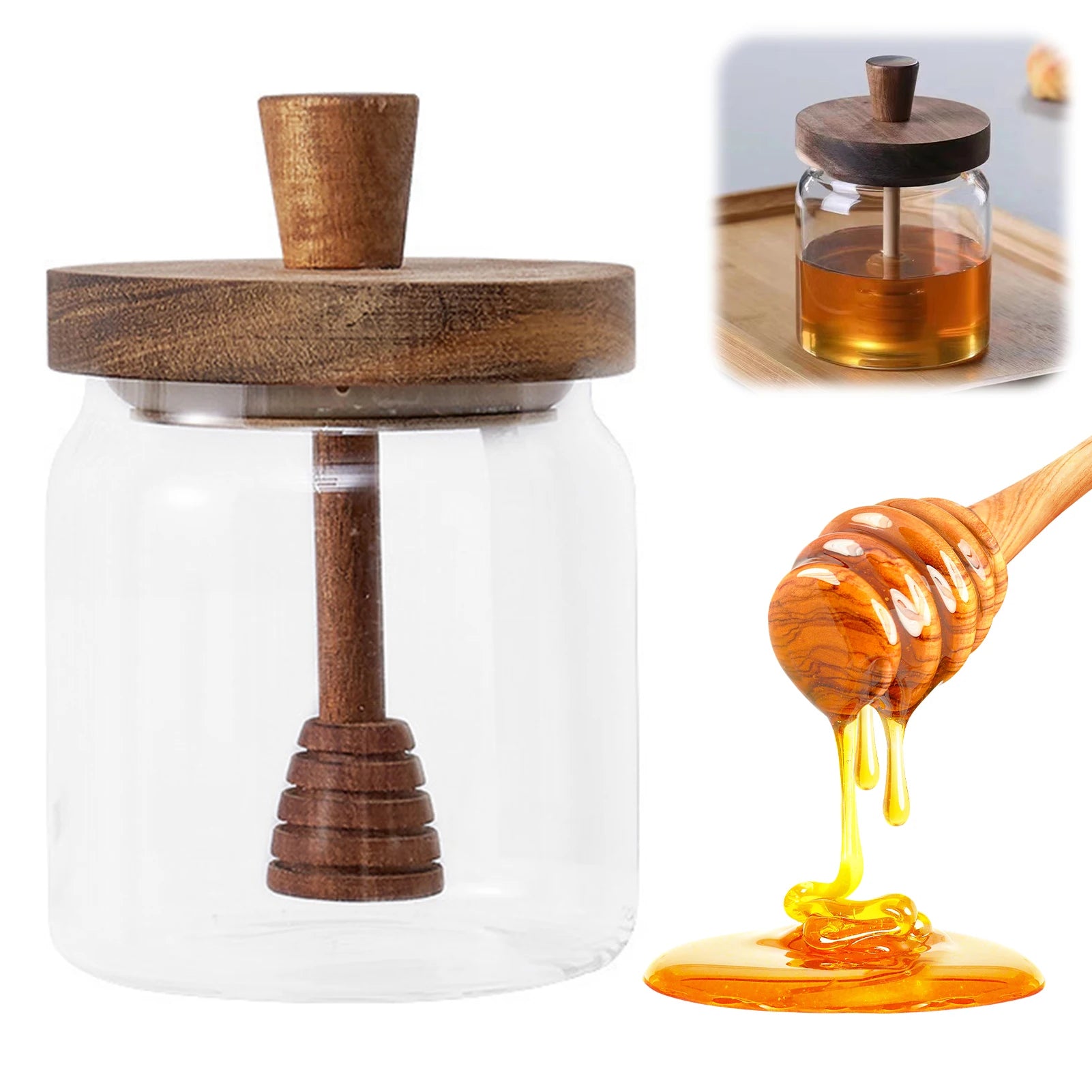 Glass Honey Jar & Dipper - Wide Mouth Honey Pot & Syrup Dispenser Set