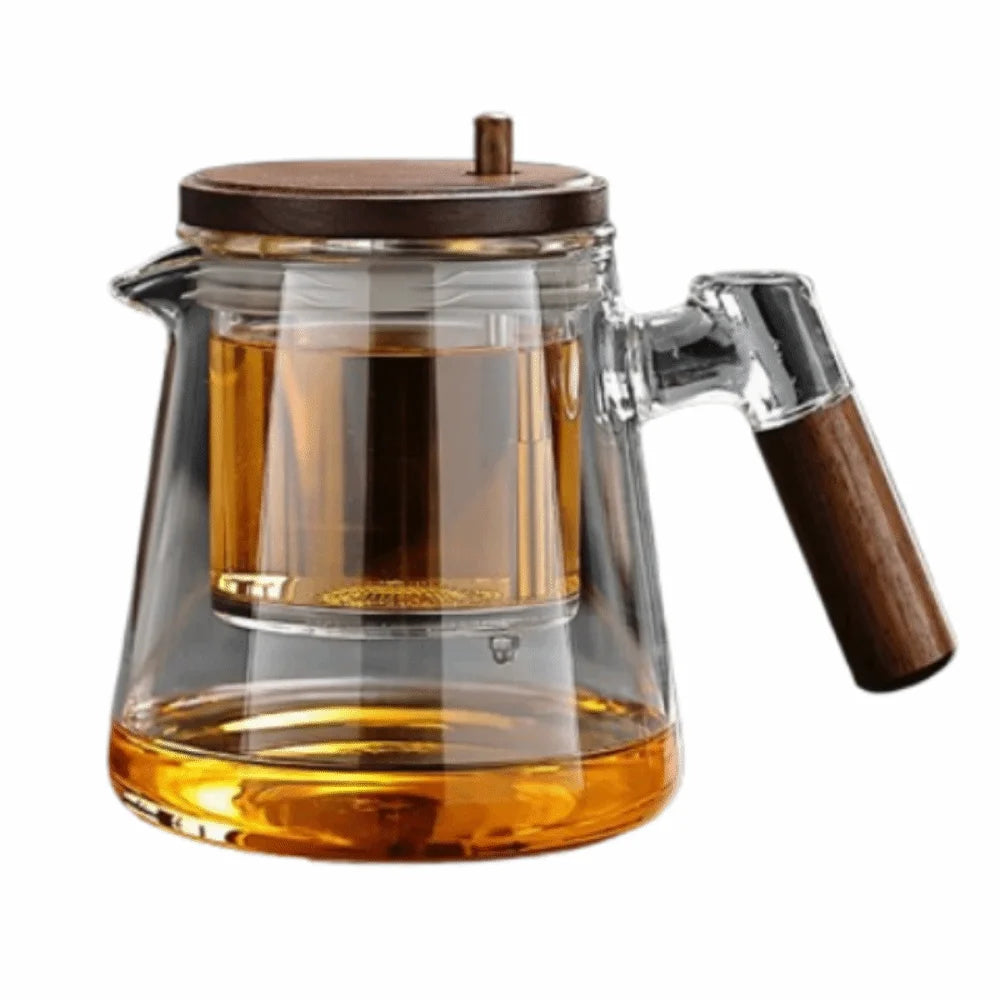 Glass Teapot with Wooden Handle & Built-In Infuser | One-Button Tea Separation
