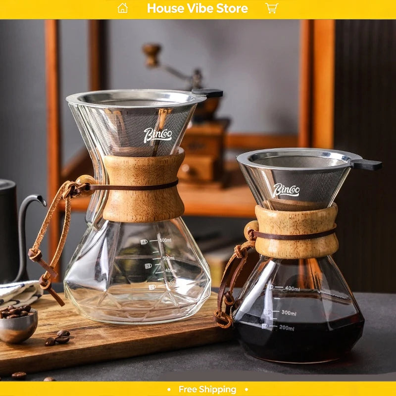 Bincoo Glass Pour Over Sharing Carafe | Stainless Steel Filter Funnel | 400ml–800ml