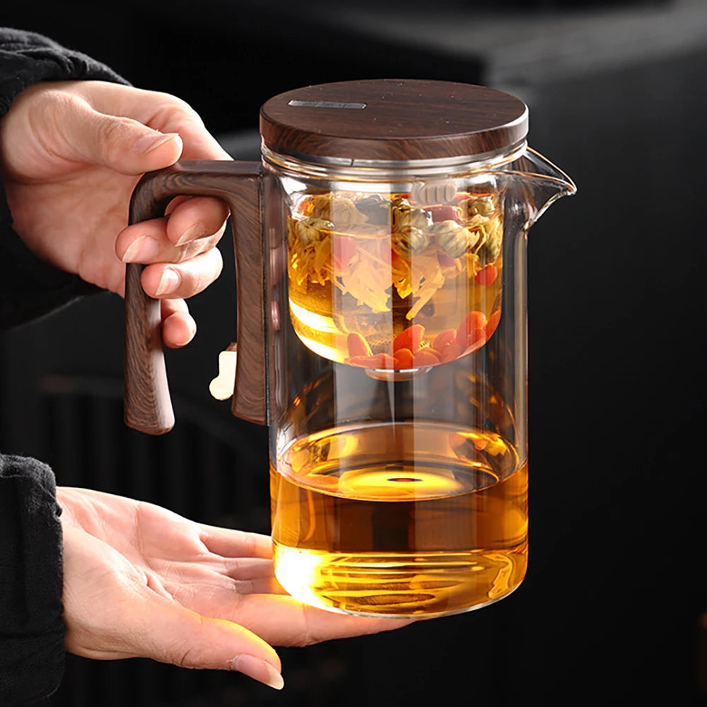 Magnetic Switch Glass Teapot with Tea Separator & Wood Handle