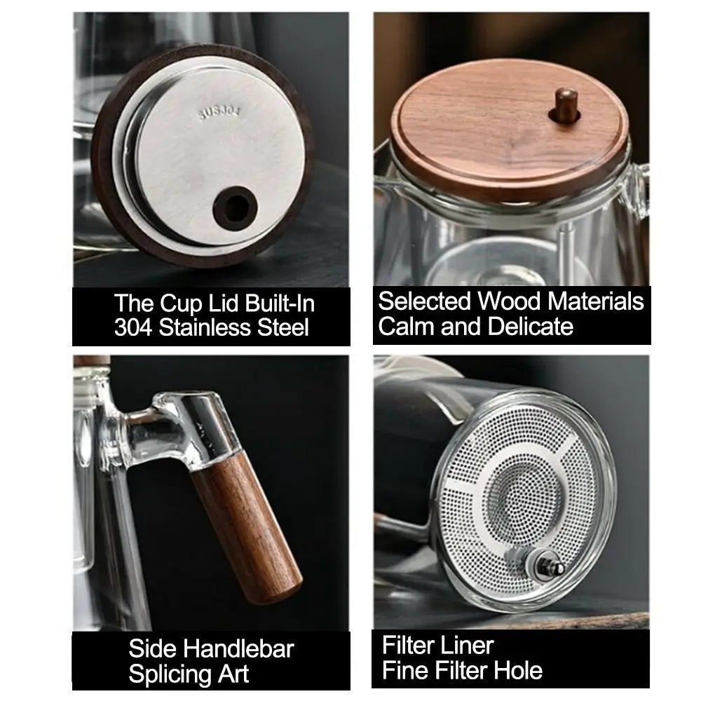 Glass Teapot with Wooden Handle & Built-In Infuser | One-Button Tea Separation