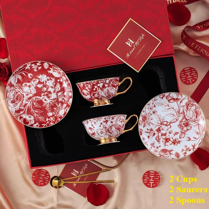 Bone China Rose Floral Tea Cup & Saucer Gift Set | European Gold Trim | Luxury Afternoon Tea