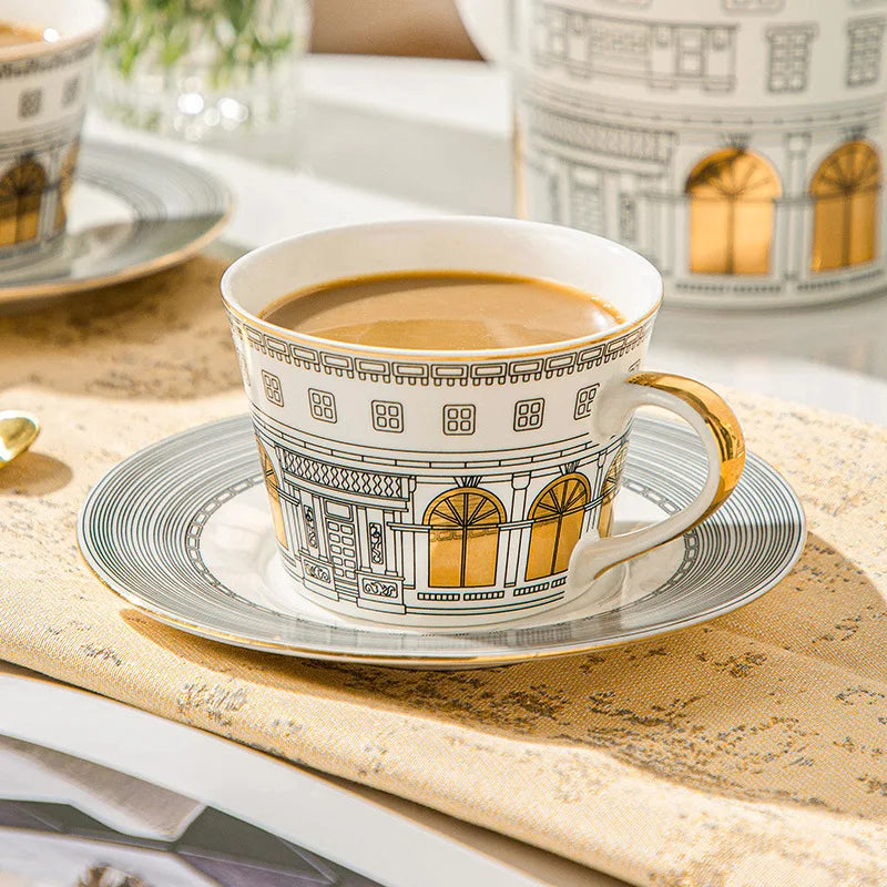 Gold Painted Ceramic Coffee Cup & Saucer | 220ml | European Luxury Style