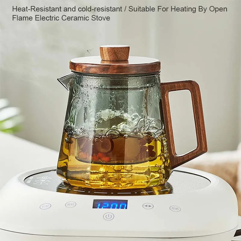 Heat-Resistant Glass Teapot with Wooden Handle