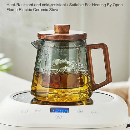 Heat-Resistant Glass Teapot with Wooden Handle