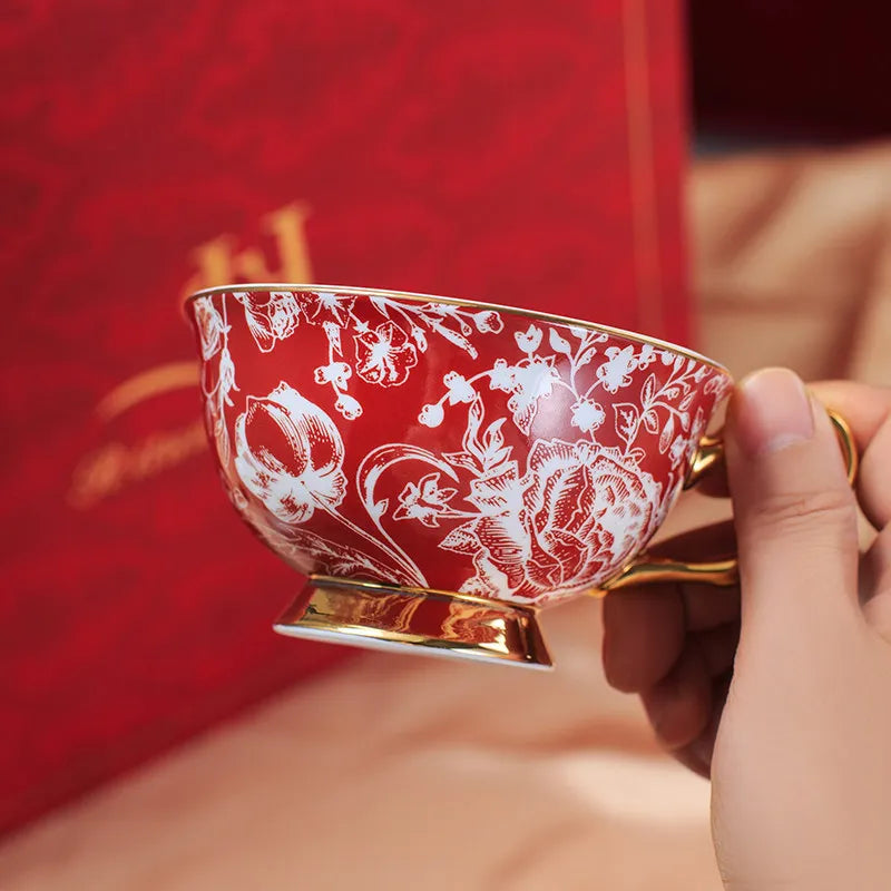 Bone China Rose Floral Tea Cup & Saucer Gift Set | European Gold Trim | Luxury Afternoon Tea