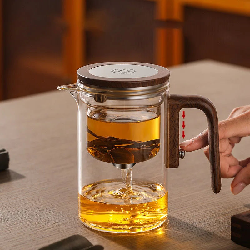 Magnetic Switch Glass Teapot with Tea Separator & Wood Handle