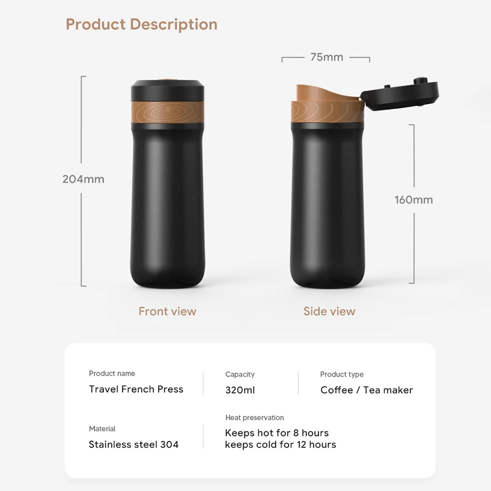 Portable Stainless Steel French Press Travel Mug — 320ml