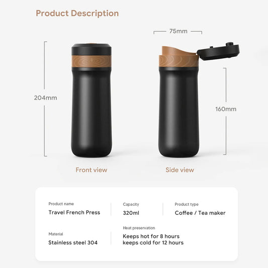 Portable Stainless Steel French Press Travel Mug — 320ml