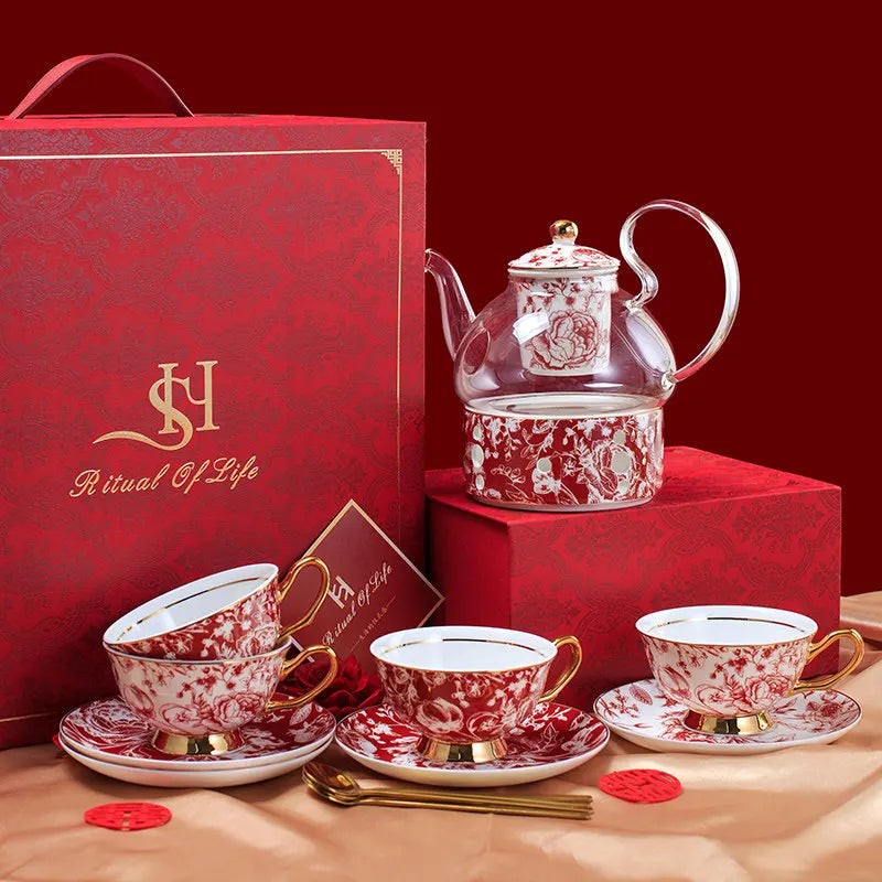 Bone China Rose Floral Tea Cup & Saucer Gift Set | European Gold Trim | Luxury Afternoon Tea
