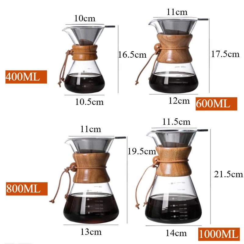 Pour Over Coffee Maker | Borosilicate Glass & Wood Sleeve | 400ml–1000ml