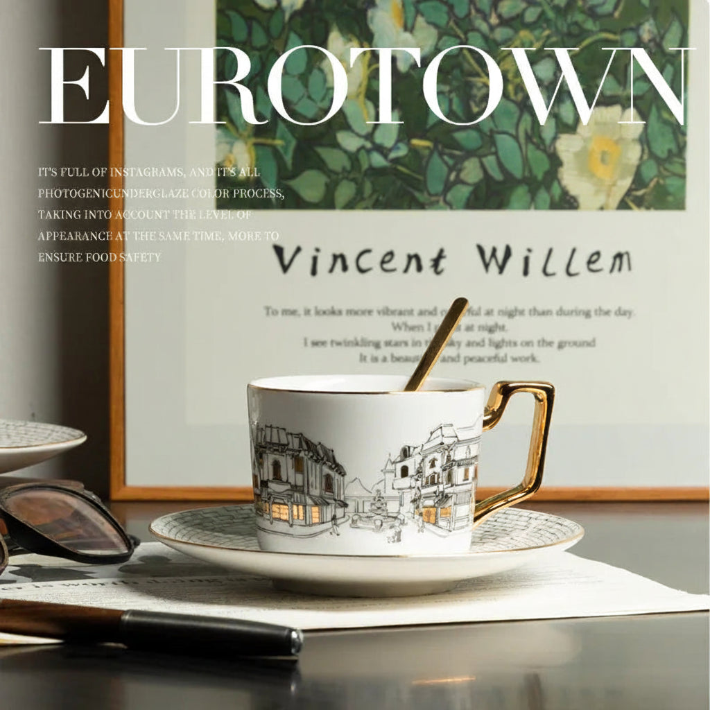 Eurotown Bone Porcelain Coffee Cup & Saucer | 220ml | Gold Handle | Vintage European
