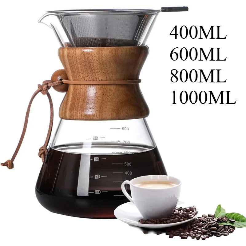 Pour Over Coffee Maker | Borosilicate Glass & Wood Sleeve | 400ml–1000ml