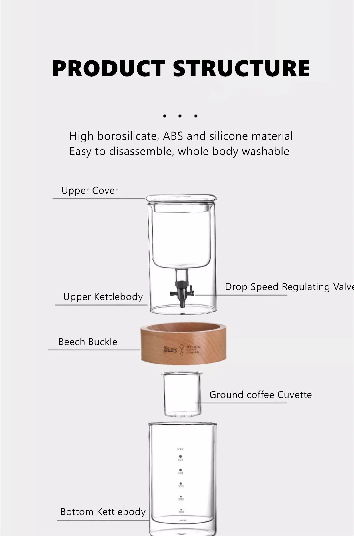 BINCOO 600ml Glass Cold Brew Coffee Maker | Slow Drip Iced Coffee Dripper | Beech & Borosilicate Glass