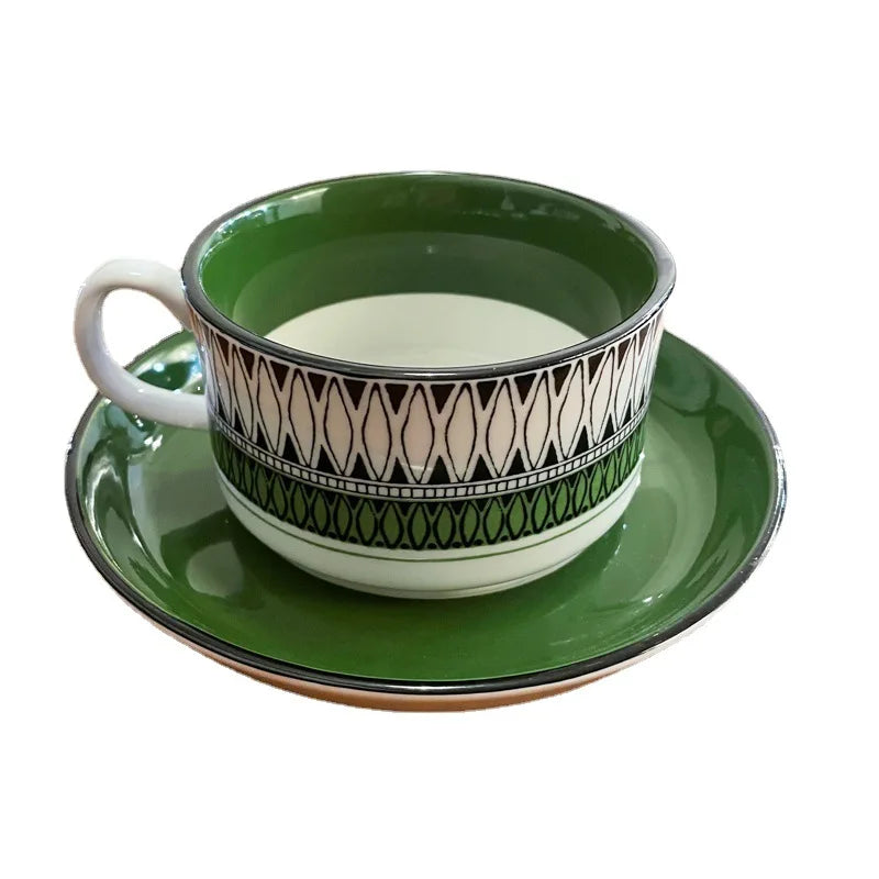 Retro Green Diamond Porcelain Cup & Saucer Set | 250ml | Vintage Style | Home & Office