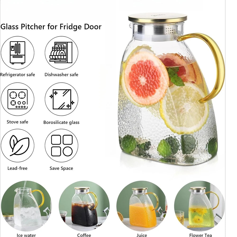 1.8L Glass Water Jug with Handle & Lid | Carafe for Cold & Hot Drinks