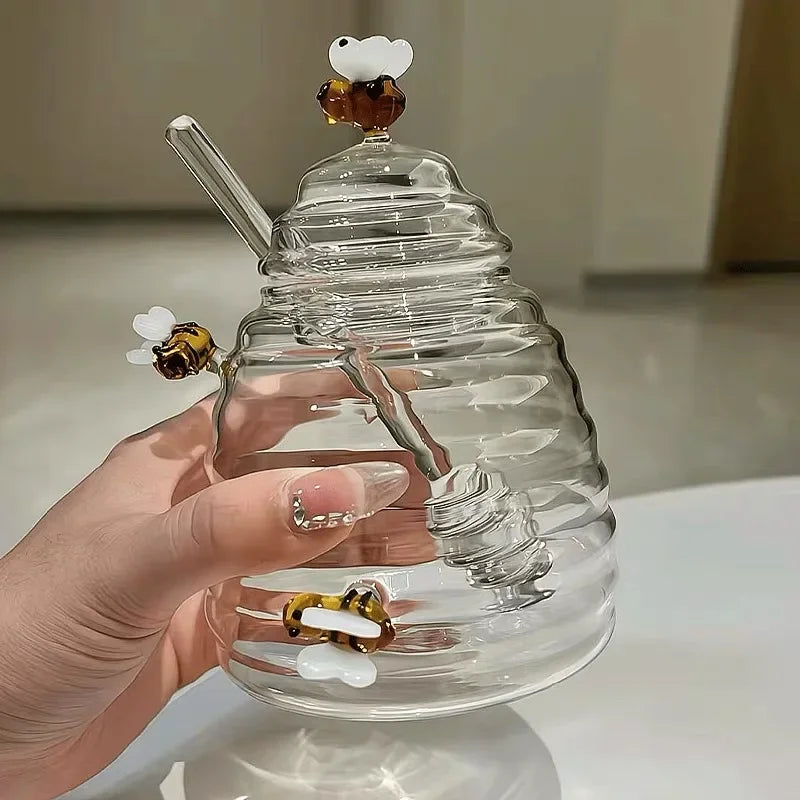 Honey-Shaped Glass Honey Jar - Traditional Dipper & Bee Motif Lid