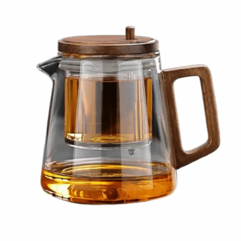 Glass Teapot with Wooden Handle & Built-In Infuser | One-Button Tea Separation
