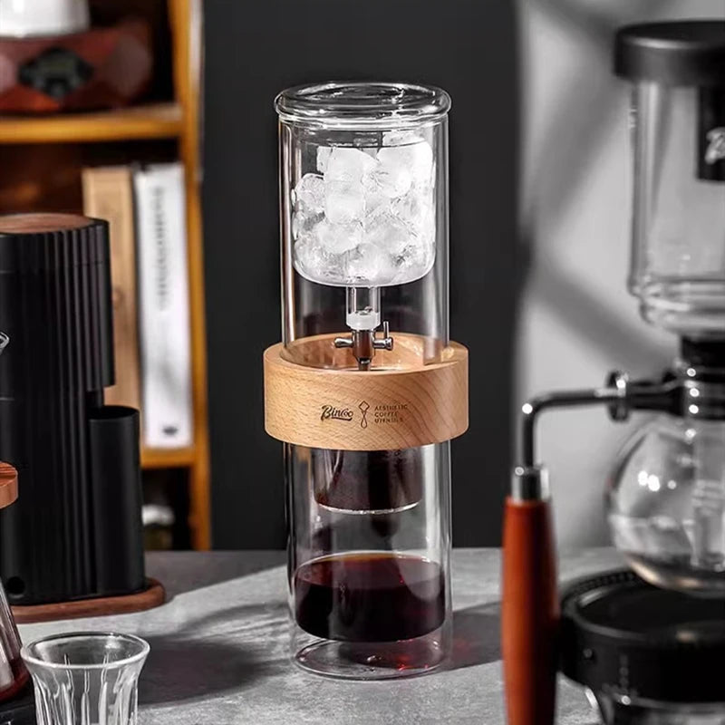 BINCOO 600ml Glass Cold Brew Coffee Maker | Slow Drip Iced Coffee Dripper | Beech & Borosilicate Glass
