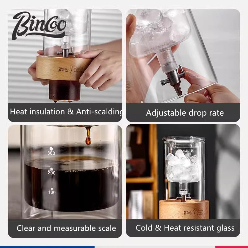 BINCOO 600ml Glass Cold Brew Coffee Maker | Slow Drip Iced Coffee Dripper | Beech & Borosilicate Glass
