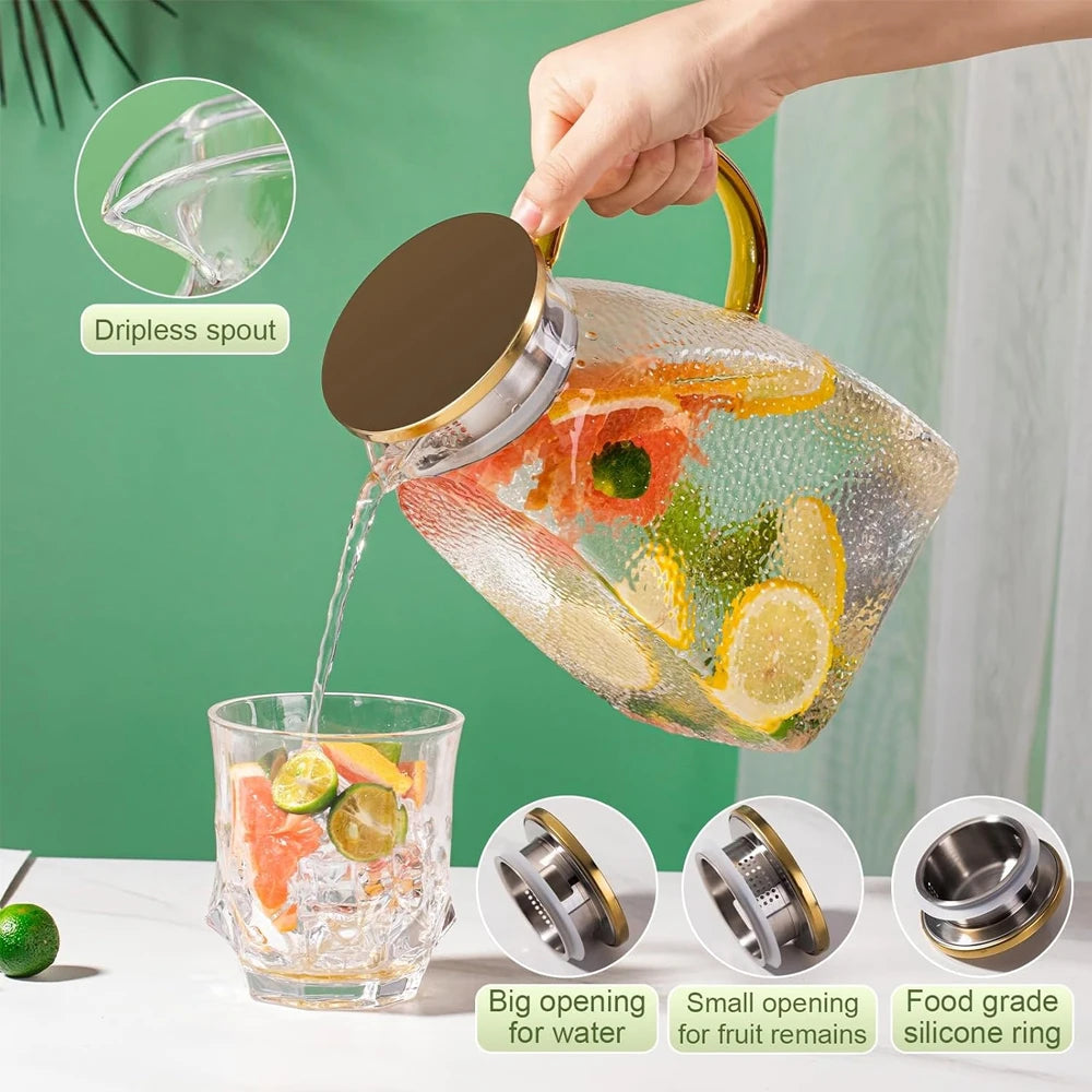 1.8L Glass Water Jug with Handle & Lid | Carafe for Cold & Hot Drinks