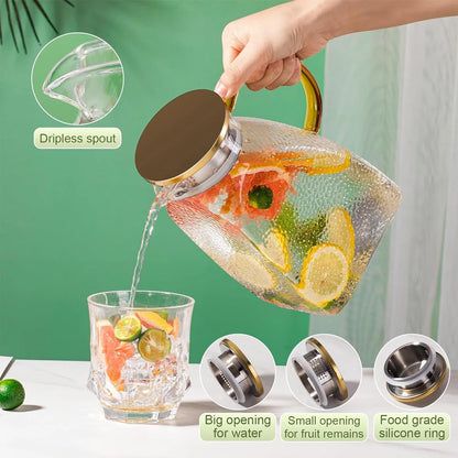 1.8L Glass Water Jug with Handle & Lid | Carafe for Cold & Hot Drinks
