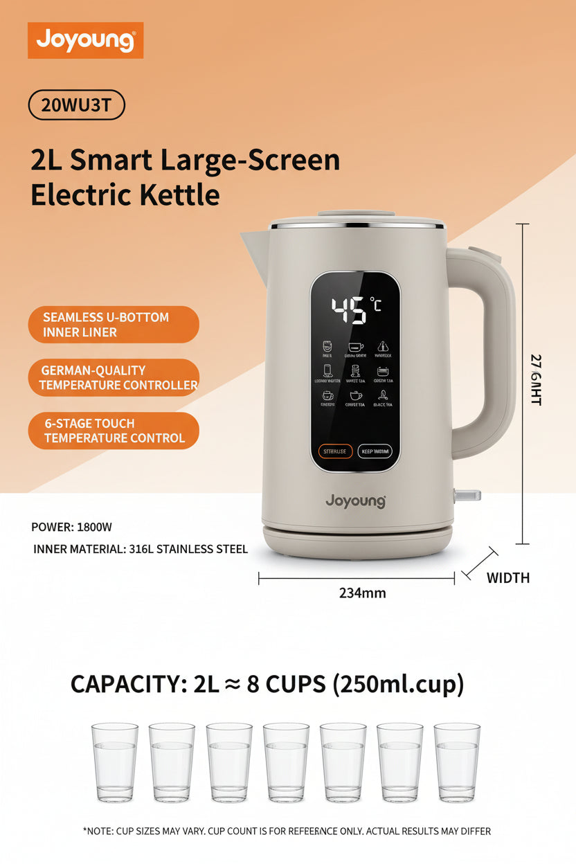 Joyoung Minimalist Electric Kettle | 2L Stainless Steel Water Boiler (1800W)