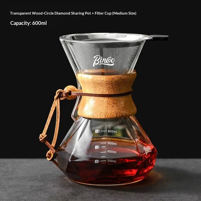 Bincoo Glass Pour Over Sharing Carafe | Stainless Steel Filter Funnel | 400ml–800ml