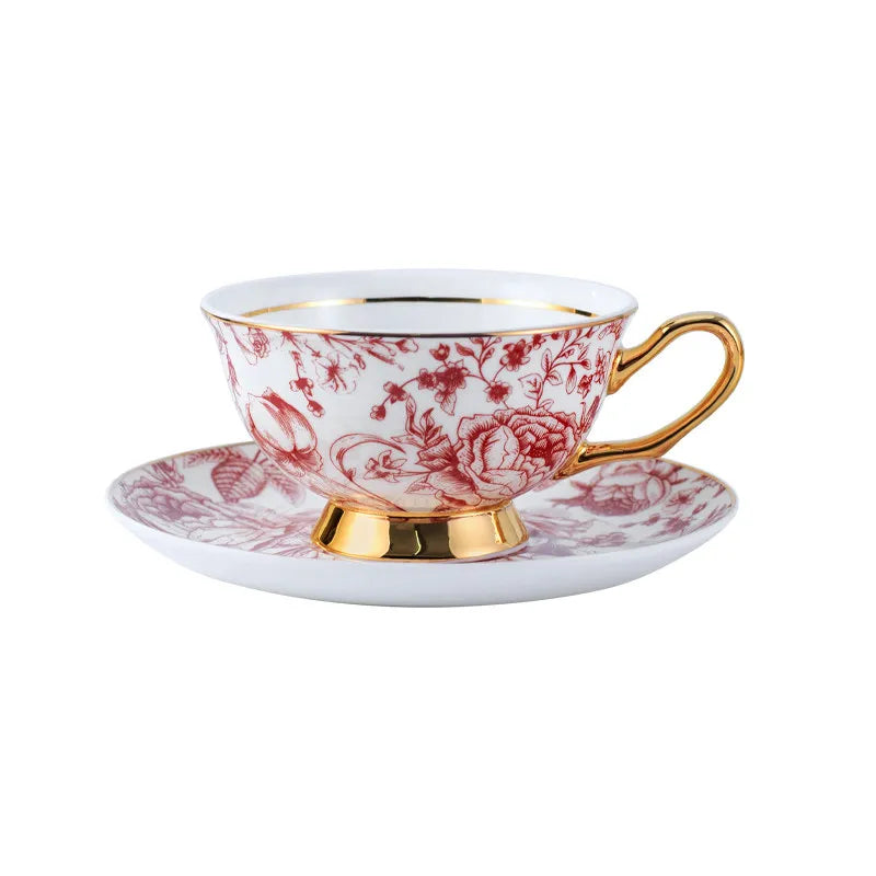 Bone China Rose Floral Tea Cup & Saucer Gift Set | European Gold Trim | Luxury Afternoon Tea